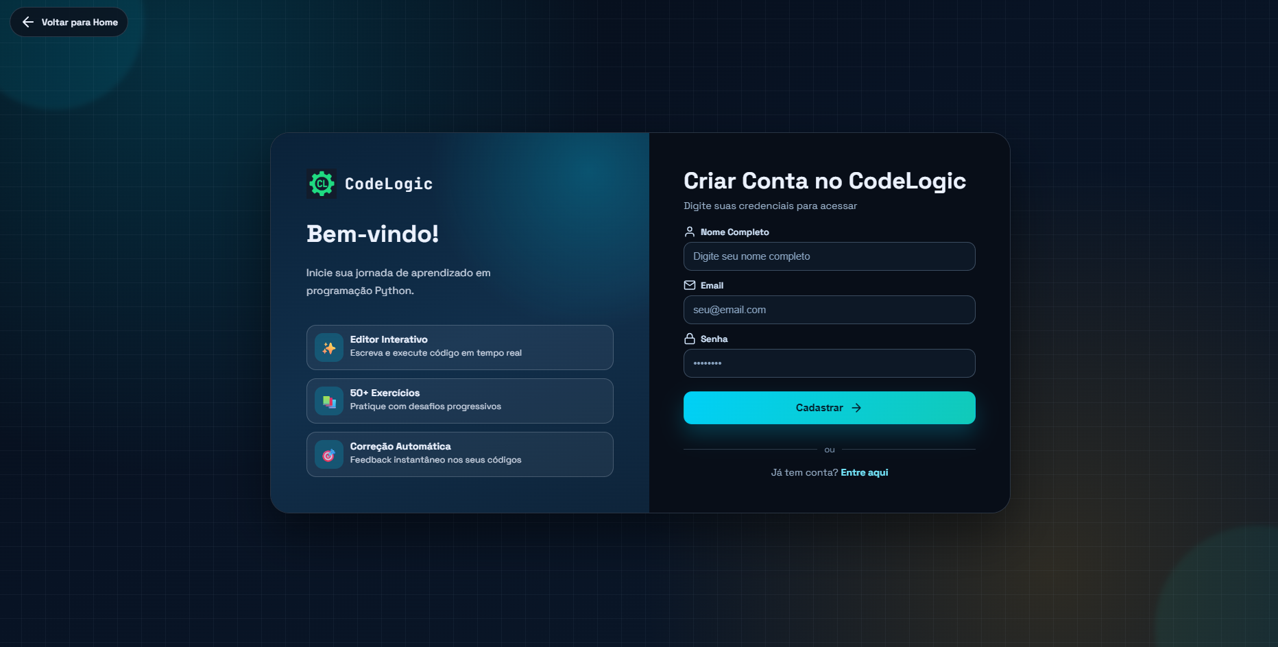 Tela de cadastro para criação de conta na plataforma