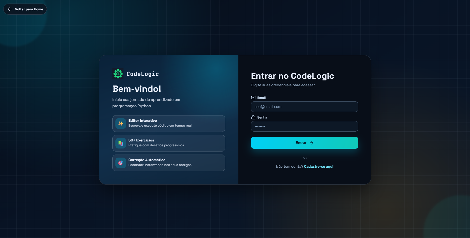 Tela de login do Code Logic com autenticação de estudante