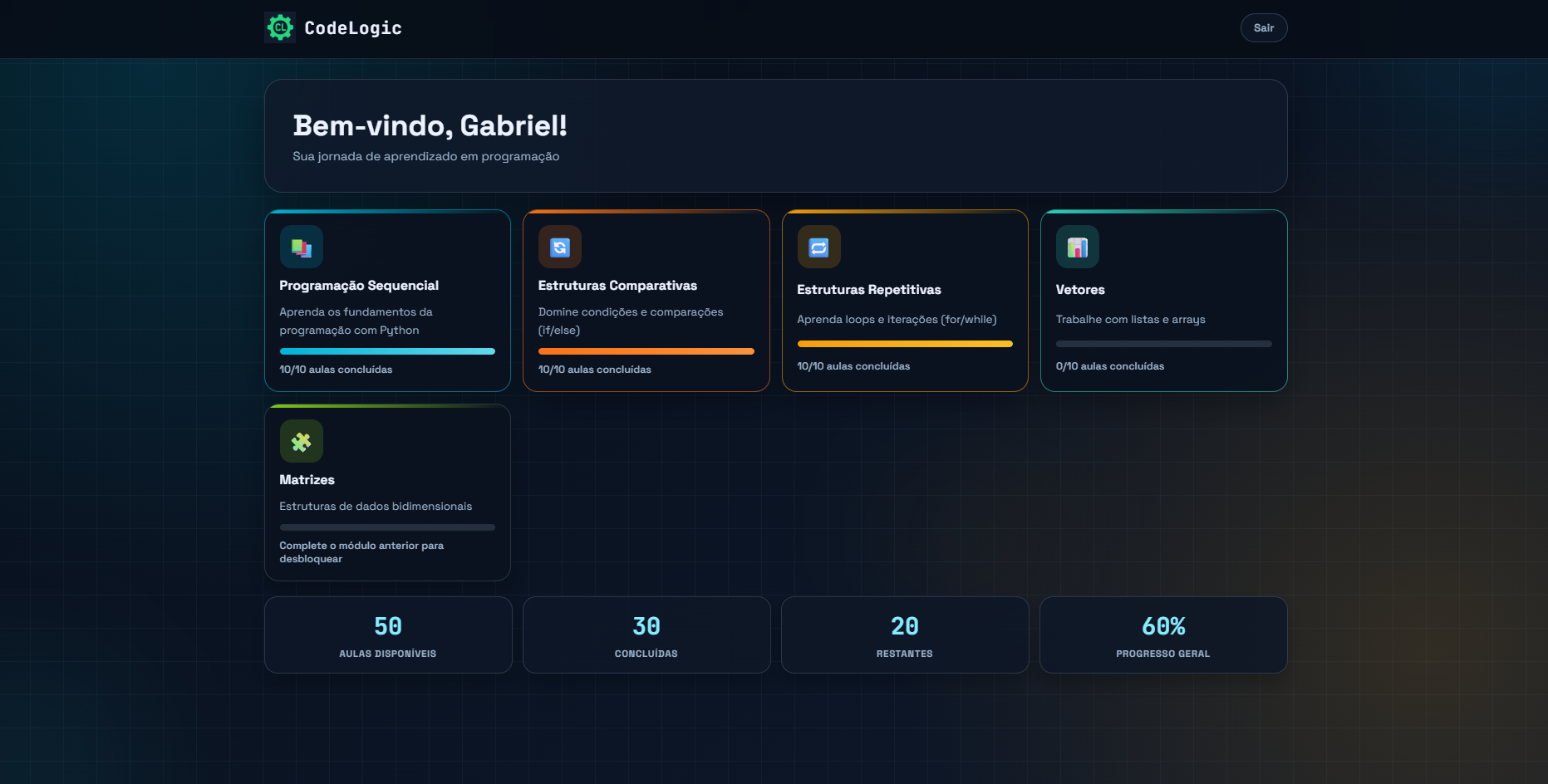 Painel com módulos e trilhas de conteúdo de lógica de programação