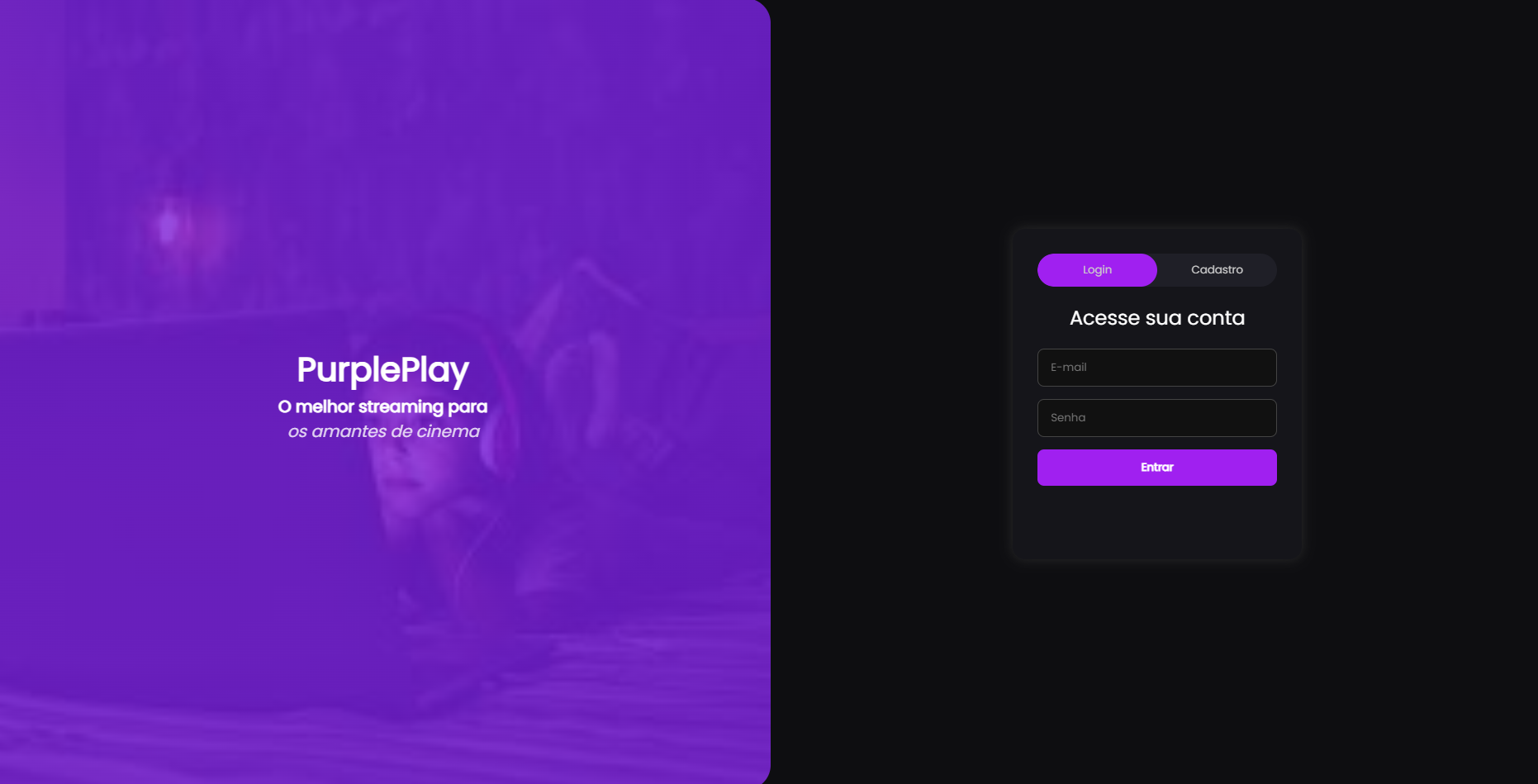 Tela de login do PurplePlay