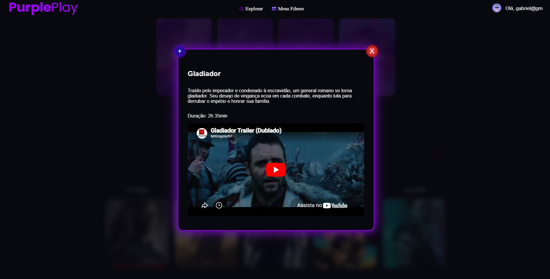 Tela de reprodução de trailer no PurplePlay
